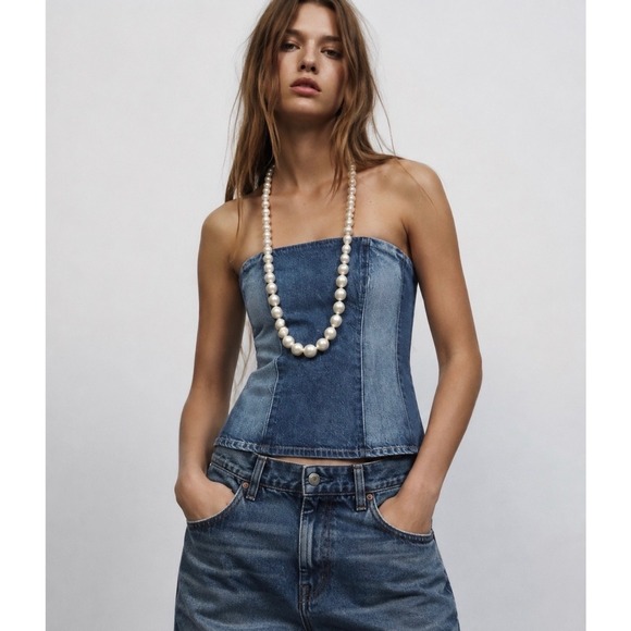 Zara Tops - Zara TRF Two Tone Blue Denim Strapless Bandeau Corset  Top Side Zip Small NEW